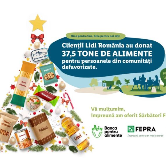 37,5 tone de alimente au fost donate de către clienții Lidl în luna decembrie 2022, în cadrul colectei organizate de Lidl România în parteneriat cu Rețeaua Națională a Băncilor pentru Alimente
