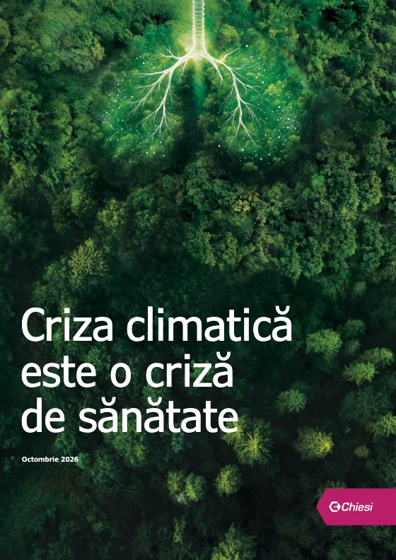 Coperta documentului „Criza climatică este o criză de sănătate”: plămâni desenați deasupra unei păduri văzute de sus